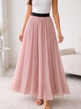 Urban CoCo Blush Pink Pleated Maxi Skirt w/ Black Elastic Waist – Flowy